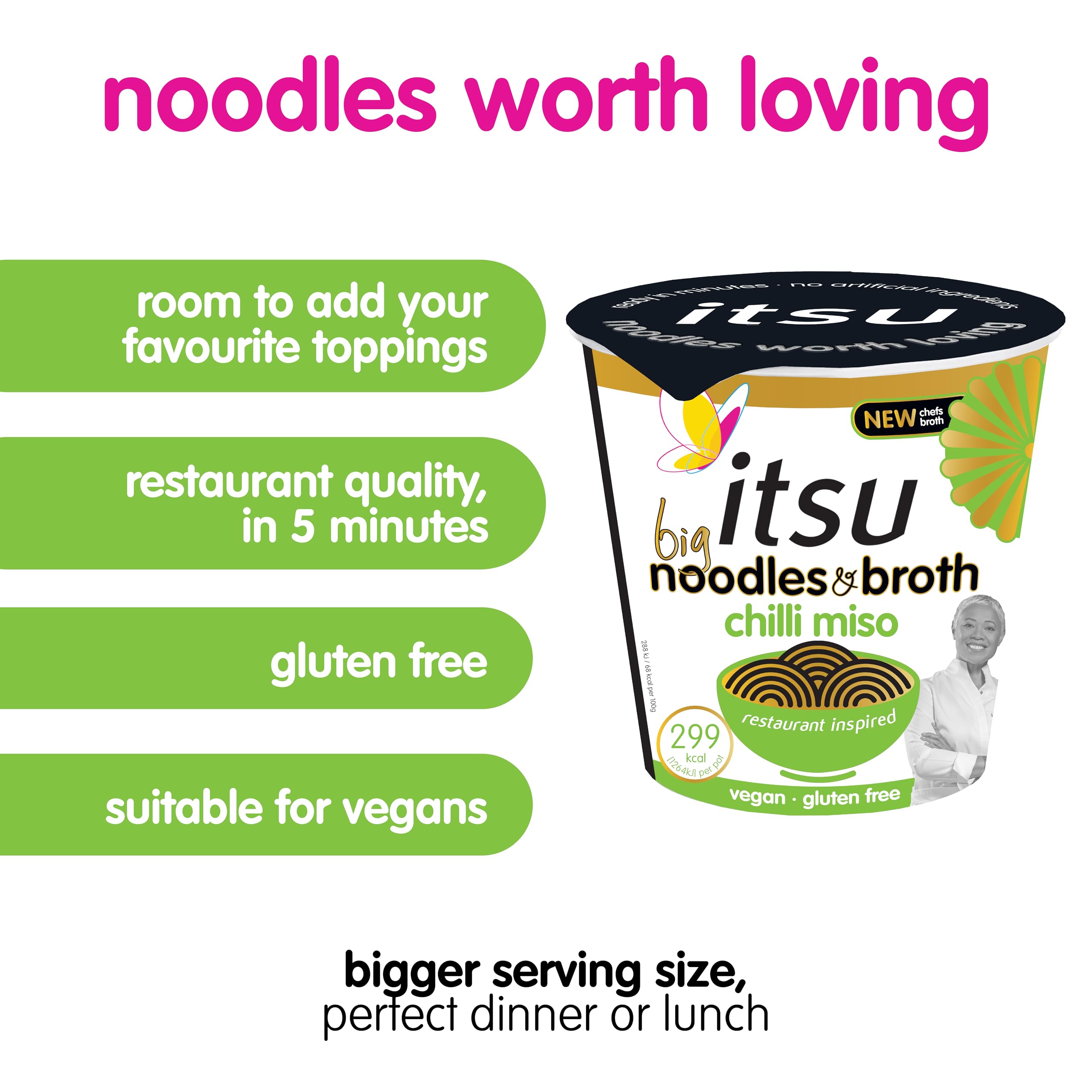 Itsu Big Chilli Miso Instantnudeln & Brühetopf 98 g – 4er-Pack | Glutenfreie vegane Reisnudeln