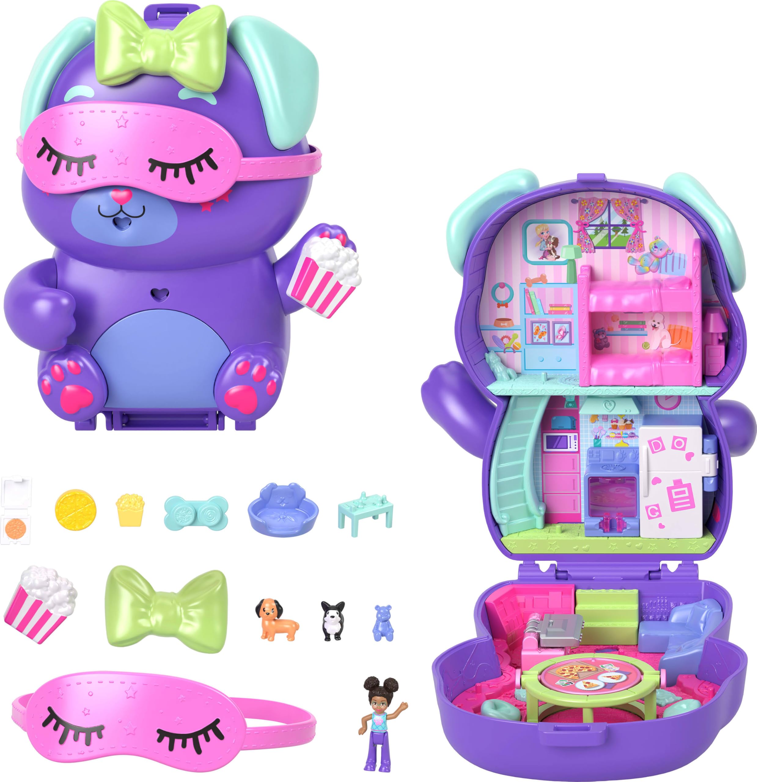 Polly Pocket Sleepover Puppy Compact Spielset – 10 Zubehörteile und 2 Hunde, ab 4 Jahren