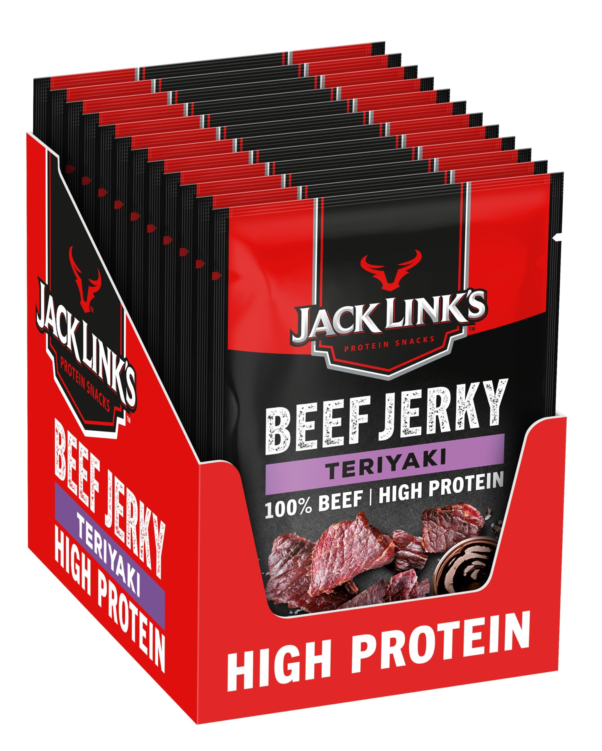 Jack Link's Beef Jerky Teriyaki – Box mit 12 x 60 g – Getrockneter Fleischsnack mit hohem Proteingehalt