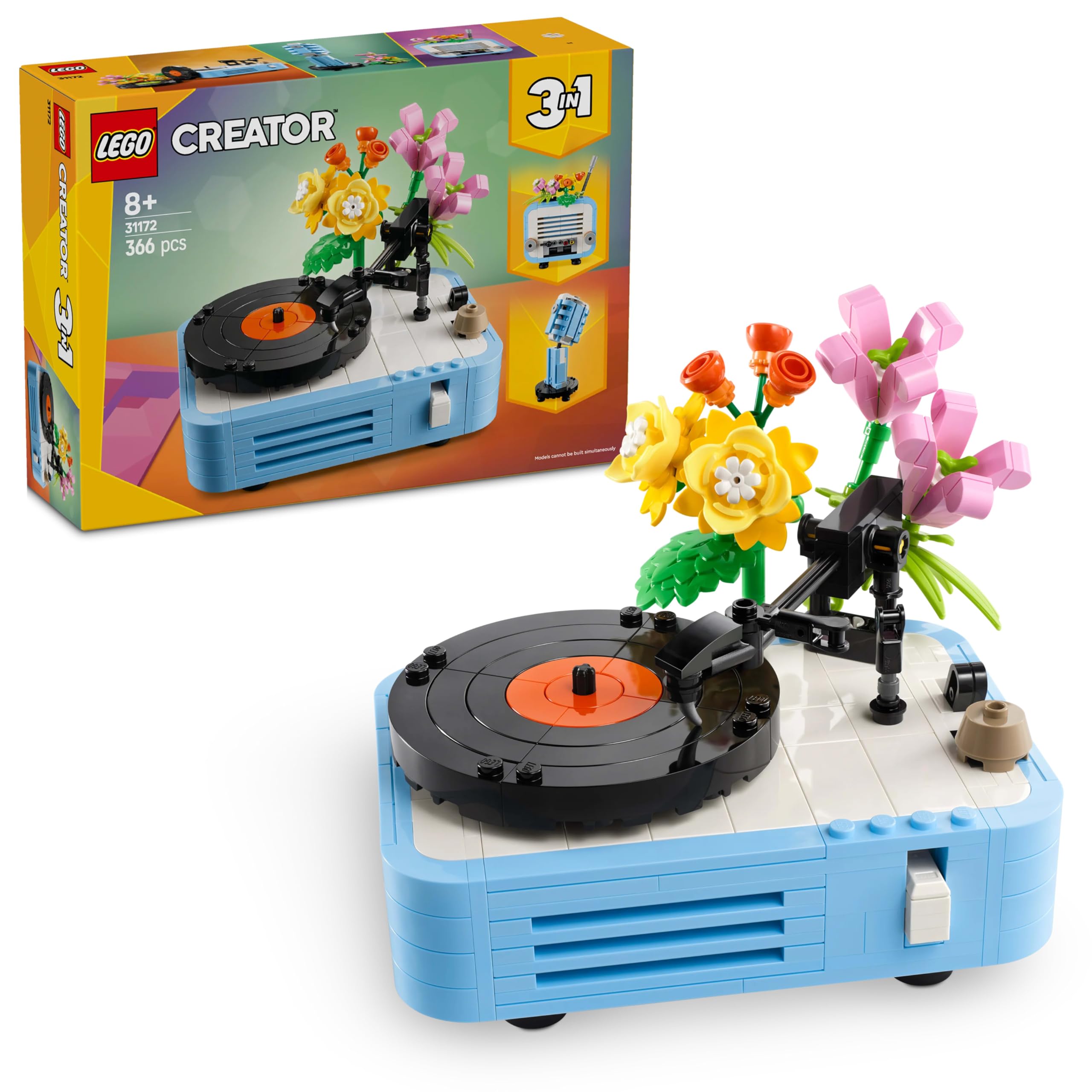 LEGO Creator 3-in-1-Plattenspieler mit Blumen-Bauset – lässt sich in ein Radio oder Mikrofon umbauen, 366 Teile