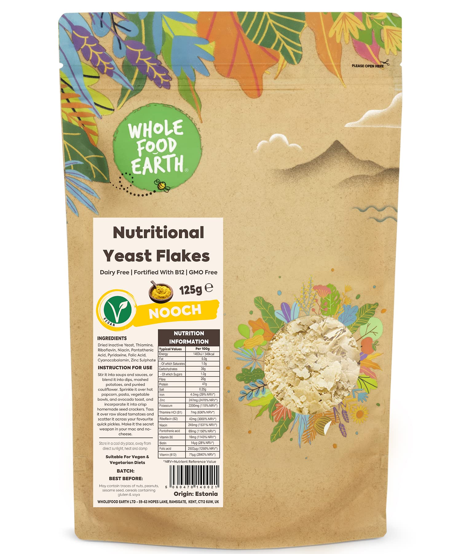 Wholefood Earth Nährhefeflocken (Nooch) 125 g – Milchfrei, angereichert mit B12, veganer Käseersatz