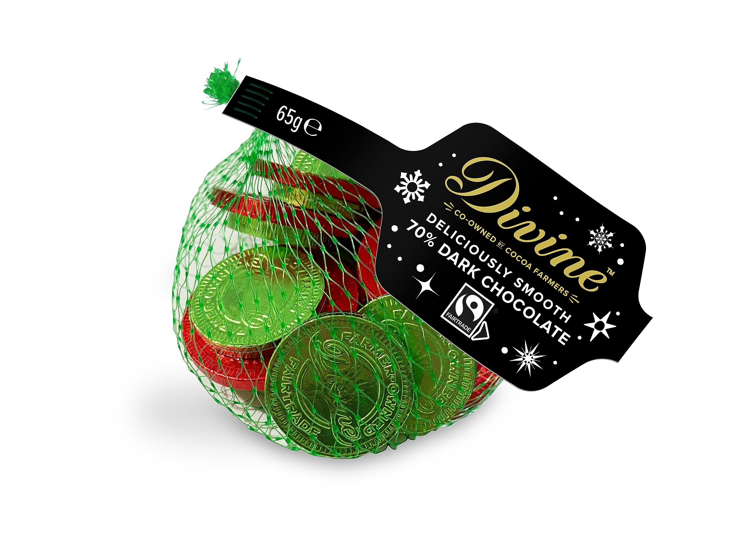 Divine 70% Zartbitterschokoladenmünzen, 65g - Fairtrade, vegetarisch, ohne künstliche Aromen