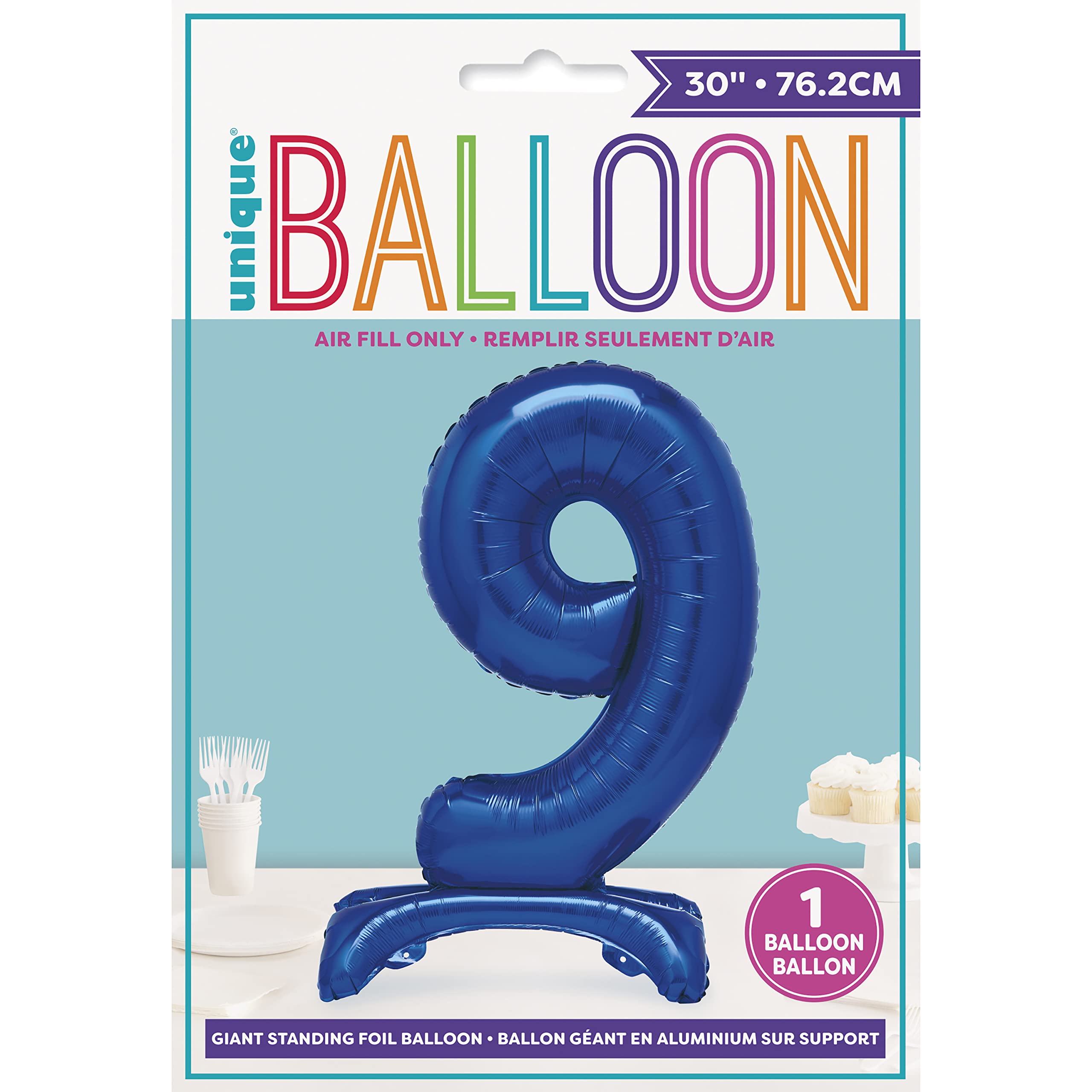 Einzigartiger blauer stehender Folienballon mit der Zahl 9, 76,2 cm – riesige Partydekoration mit Luftfüllung