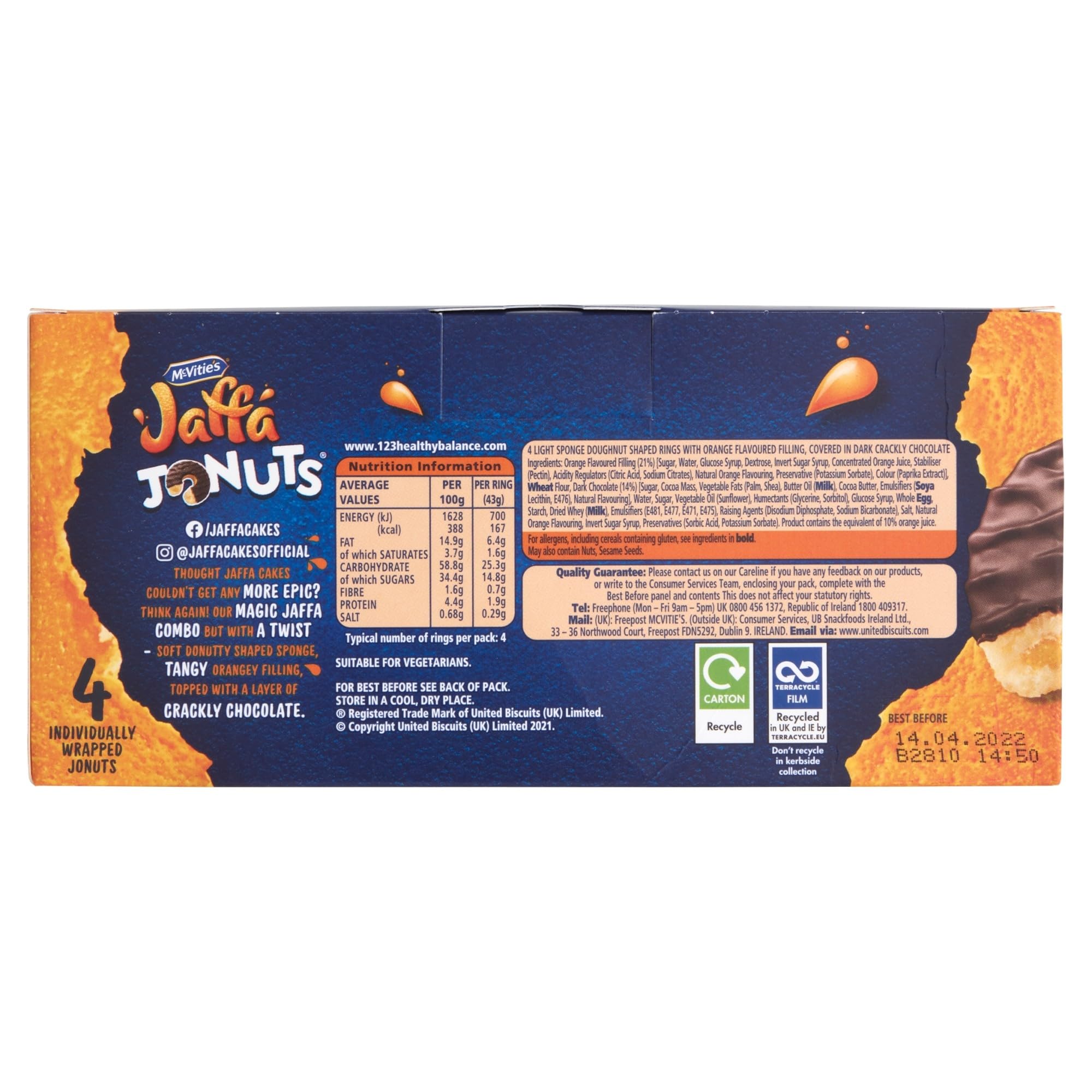 McVitie's Jaffa Cakes Original Jaffa Jonuts, 4 x 43 g schokoladenüberzogene Donut-Kekse
