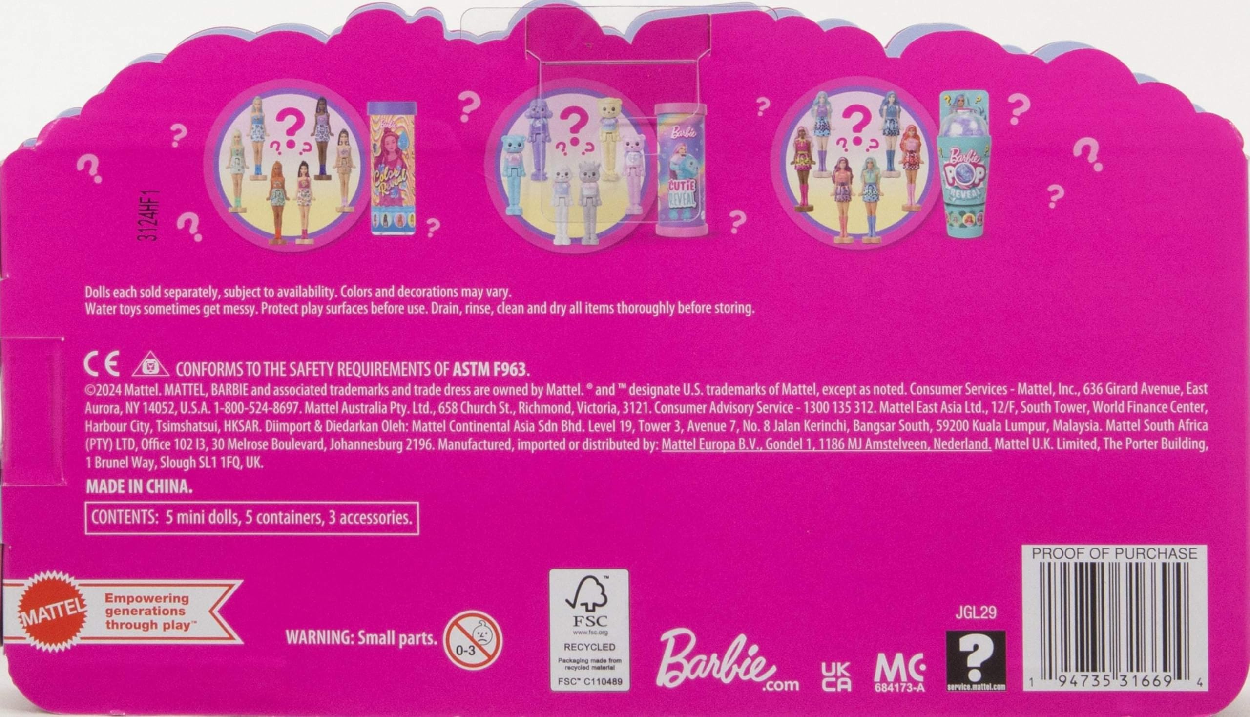 Barbie Mini Barbie Land 5er-Pack Pop Reveal-Puppen – 1,5 Zoll große Sammlerpuppen für Kinder ab 4 Jahren