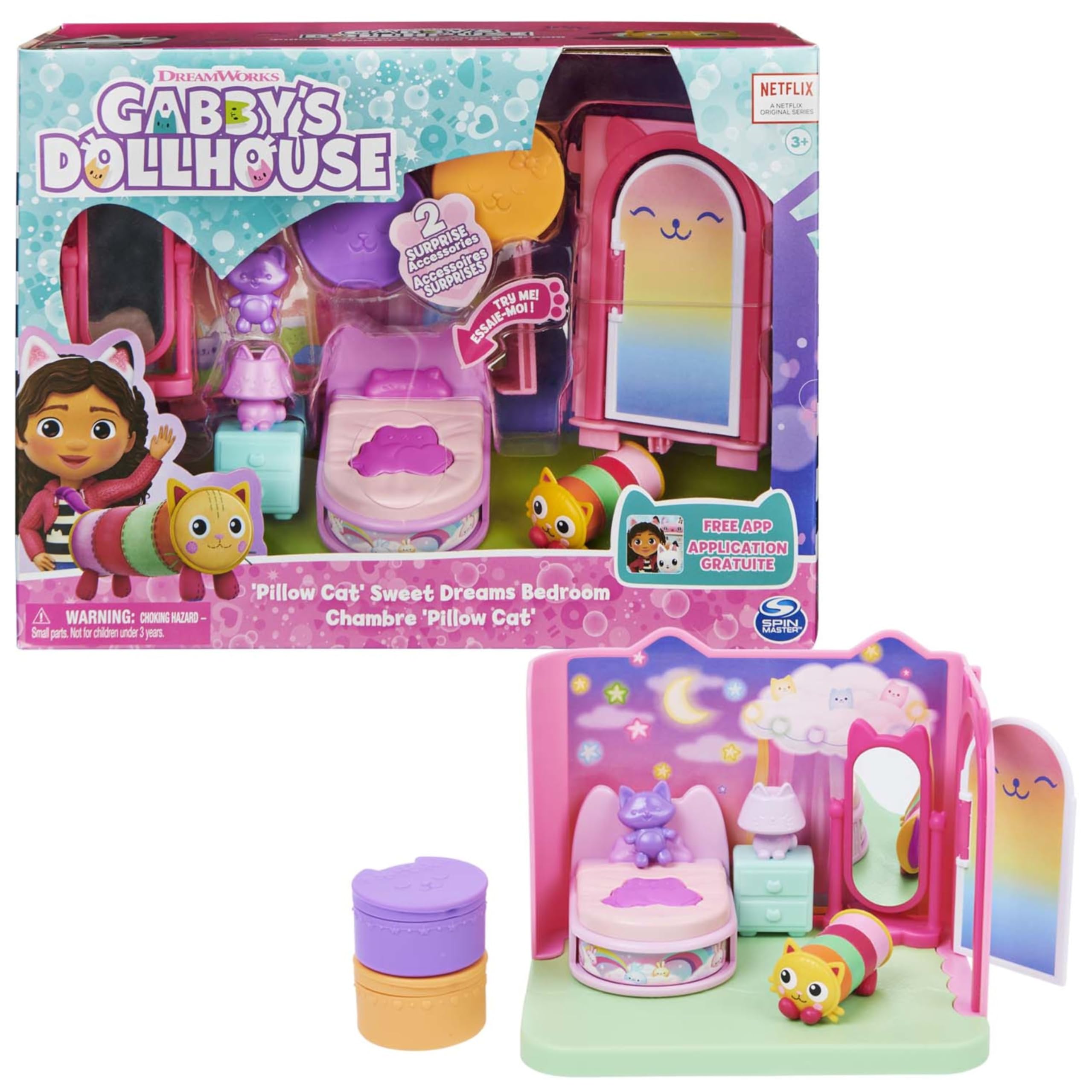 Gabby's Dollhouse Sweet Dreams Schlafzimmer-Spielset mit Kissen-Katzenfigur und 3 Zubehörteilen