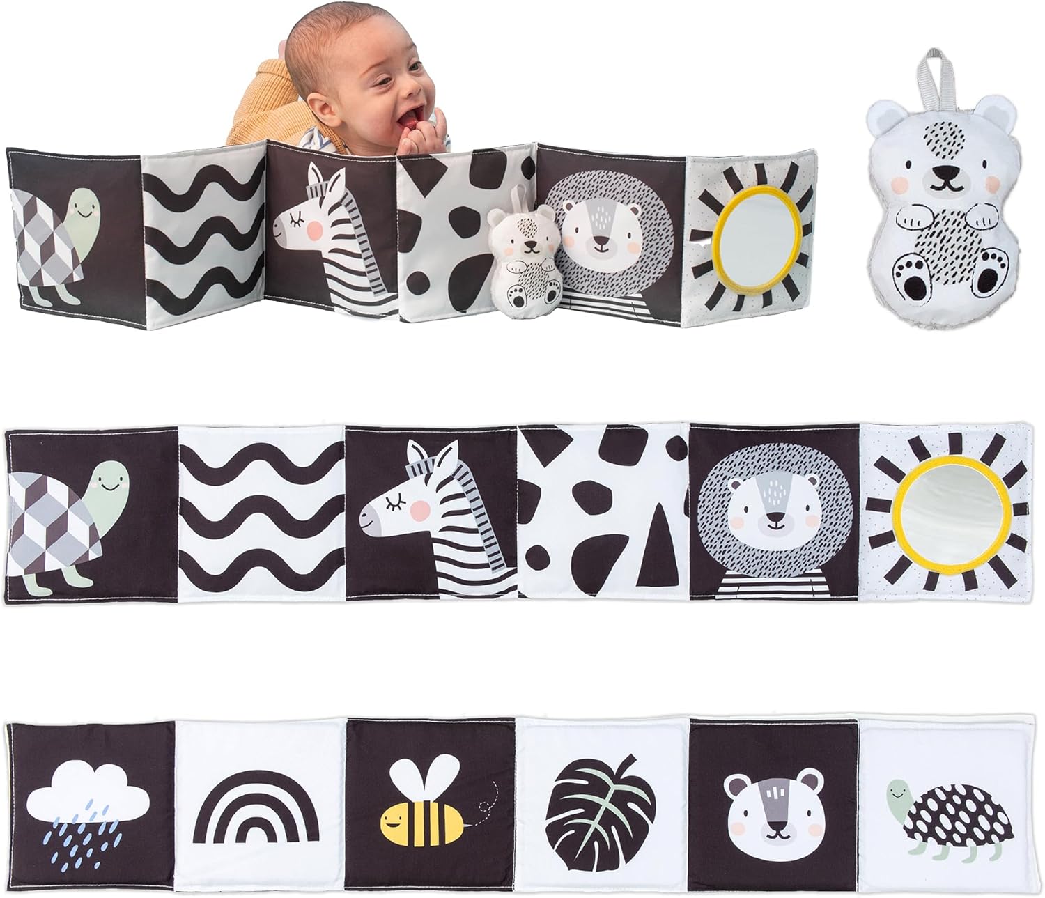 Taf Toys Savannah Black and White 3-in-1 Newborn Pram Book - High Contrast Sensory Toy for 0+ Months