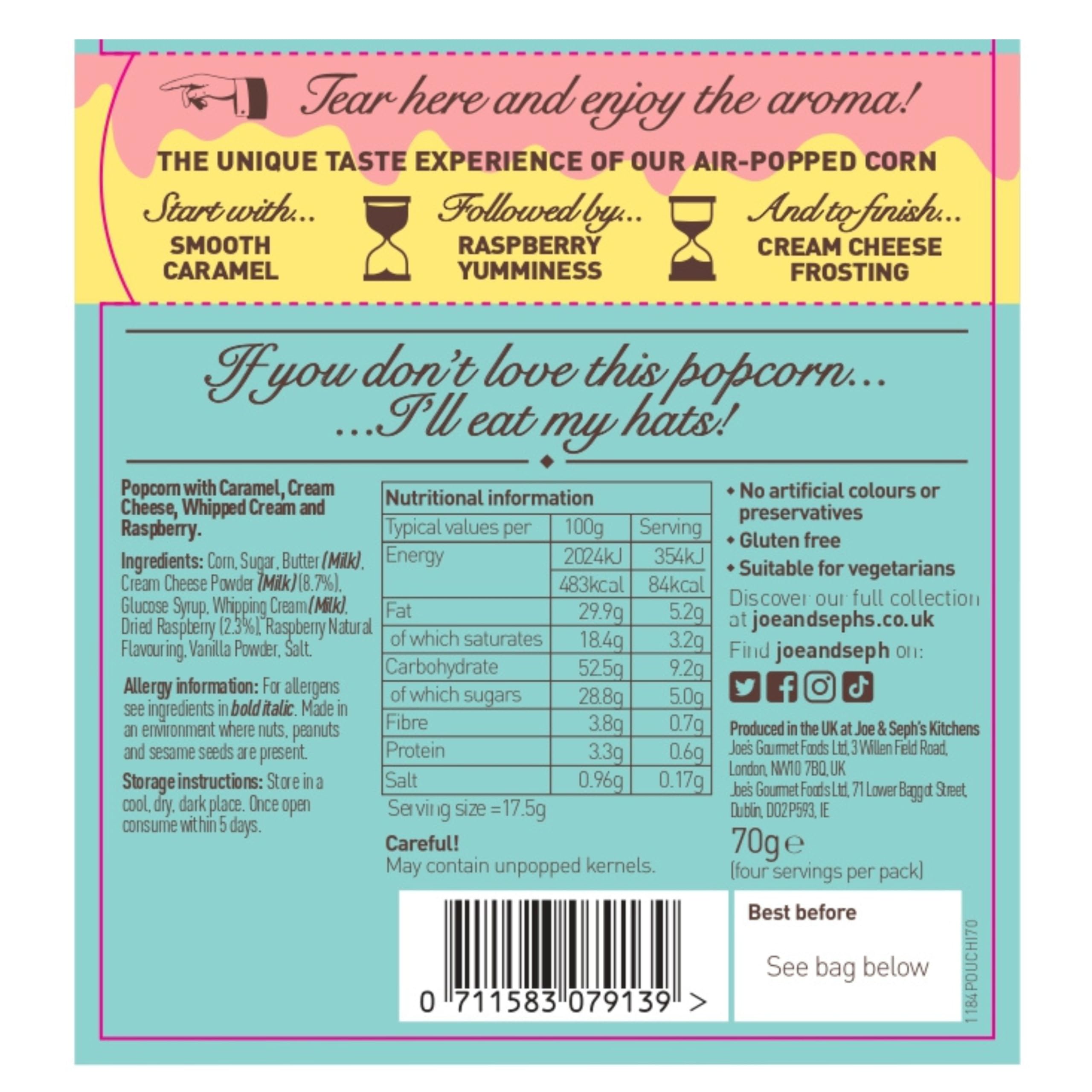 Joe & Seph's Birthday Cake Popcorn (70 g) – Gourmet-Karamell-Popcorn mit Himbeere und Vanille