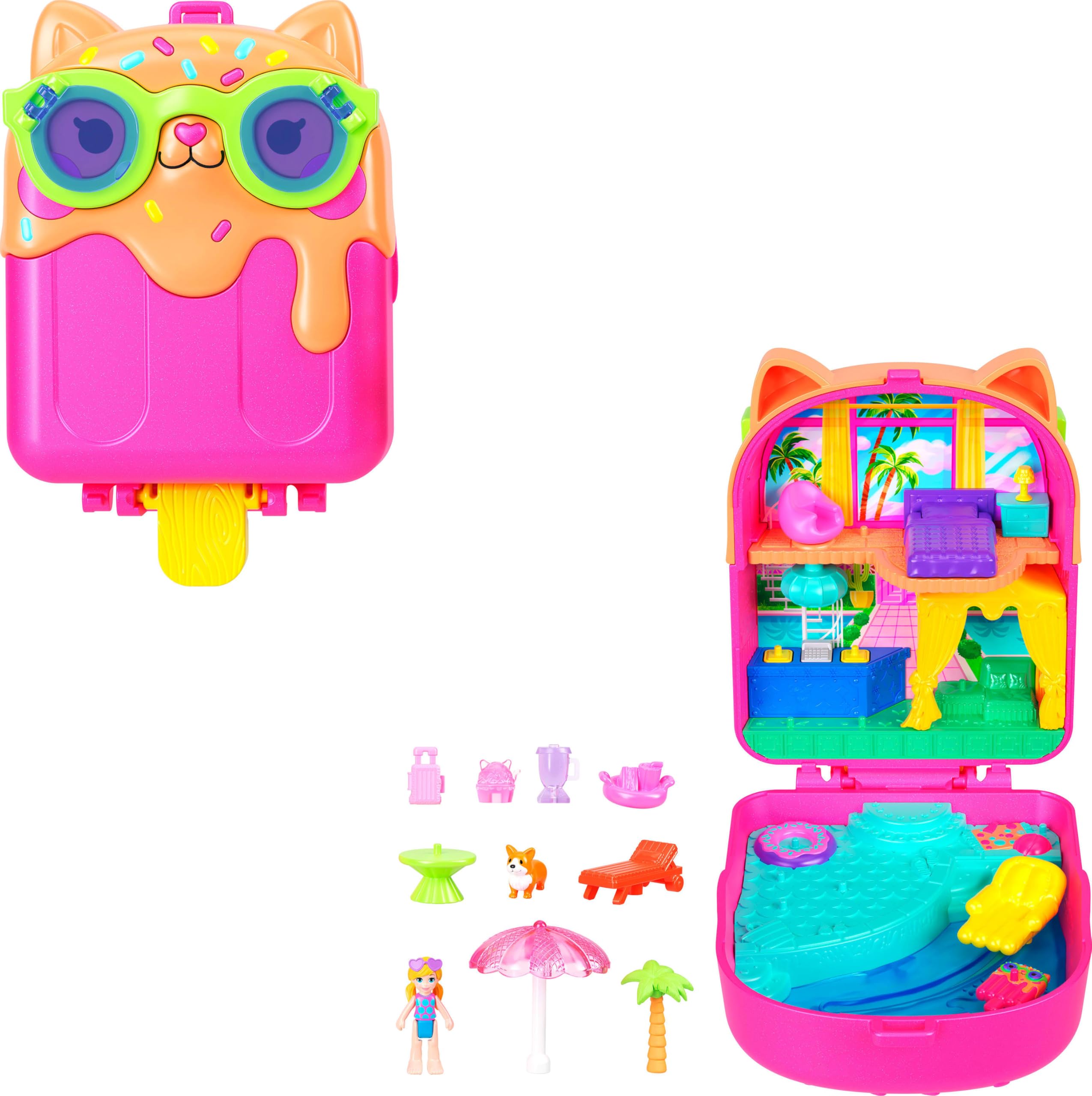 Polly Pocket Kitty Popsicle Resort Compact – Reisespielset mit Mikropuppe und 11 Zubehörteilen