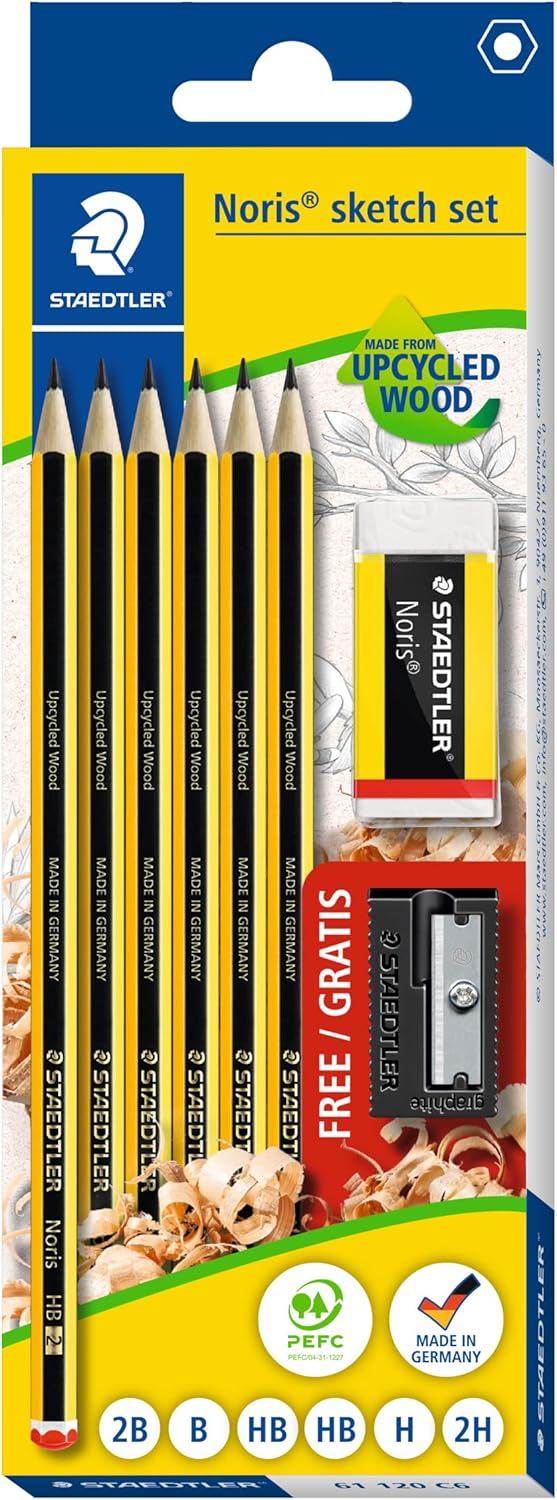STAEDTLER Noris Graphitstifte – Skizzenset (6er-Pack) mit Radiergummi und Spitzer