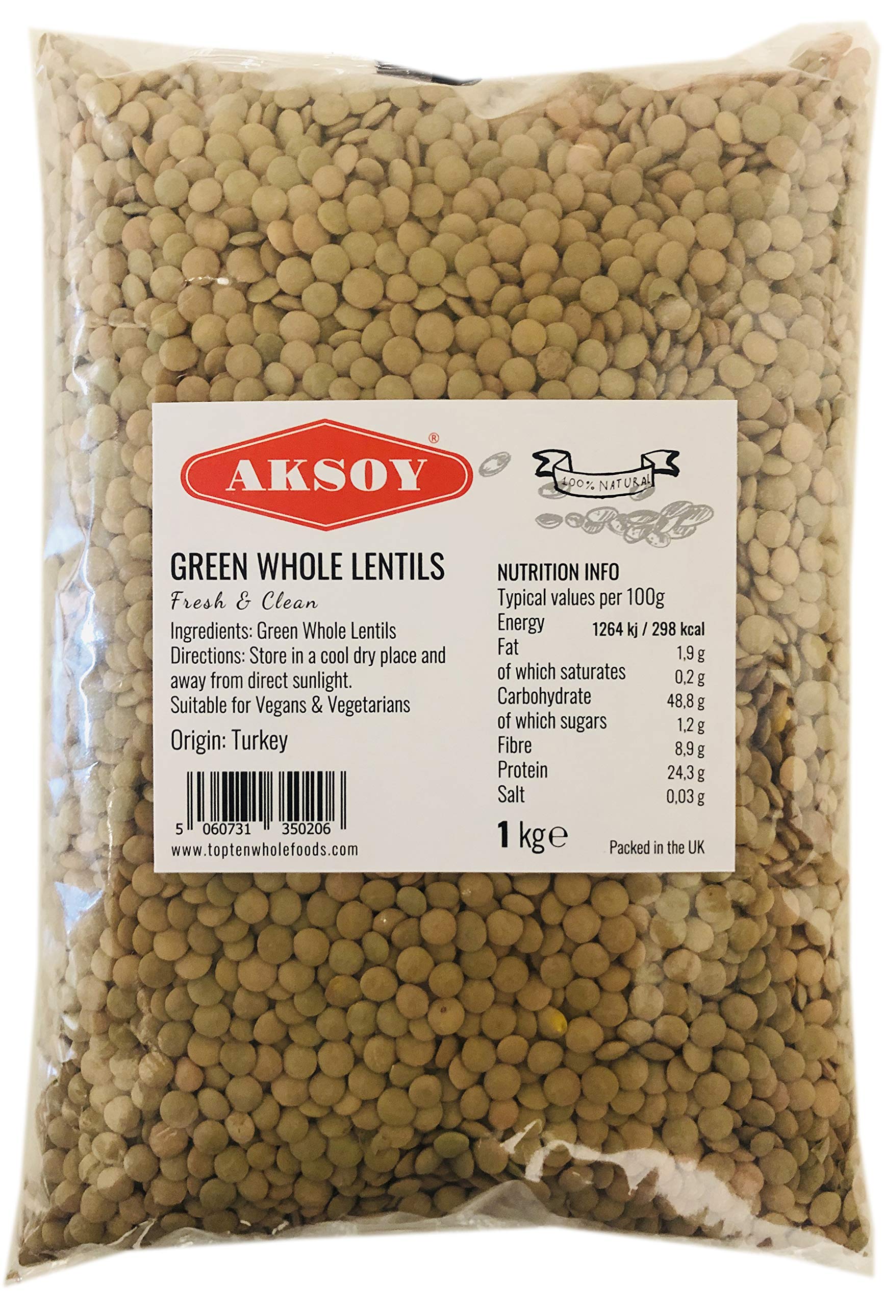 Aksoy Grüne Linsen, ganze Linsen, 1 kg – Proteinreiche, ballaststoffreiche Hülsenfrüchte für Salate und Currys