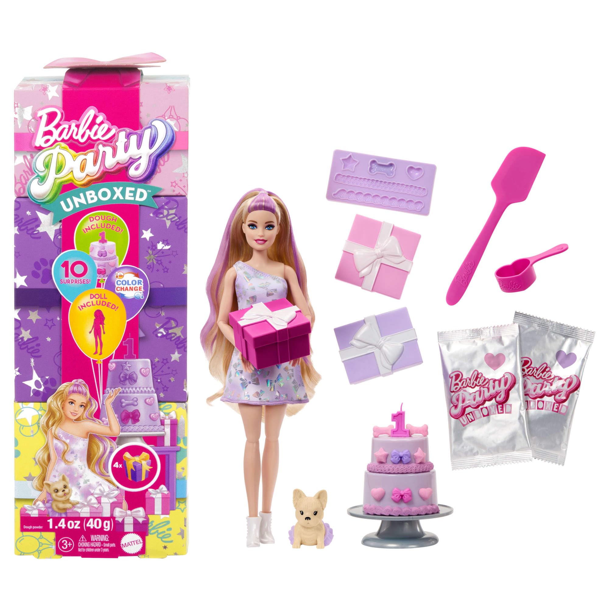 Barbie Party Unboxed Puppe & Zubehör – Haustier-Geburtstagsserie mit Farbwechsel-Überraschung, ab 3 Jahren