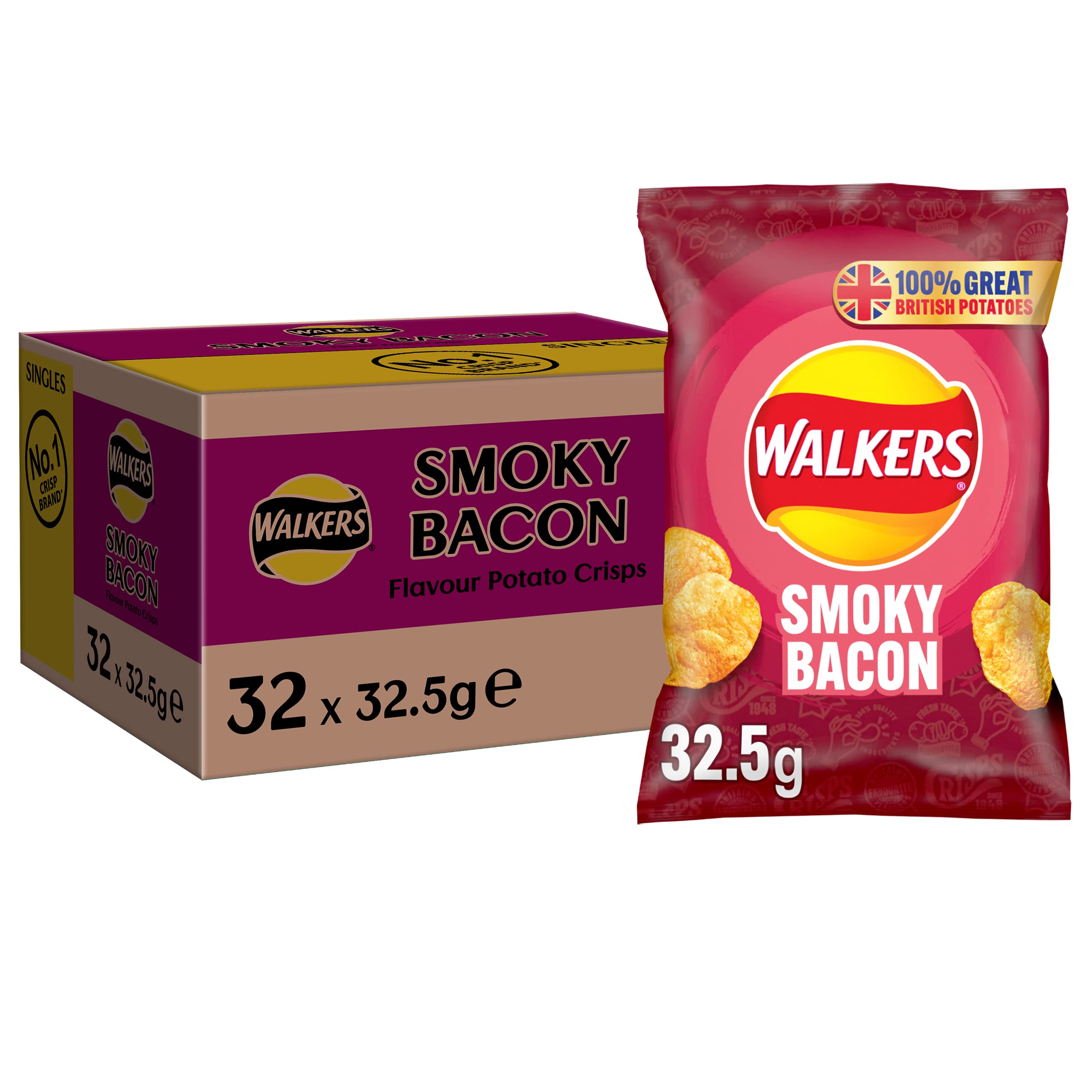 Walkers Smoky Bacon Crisps 32,5 g (Karton mit 32 Stück)