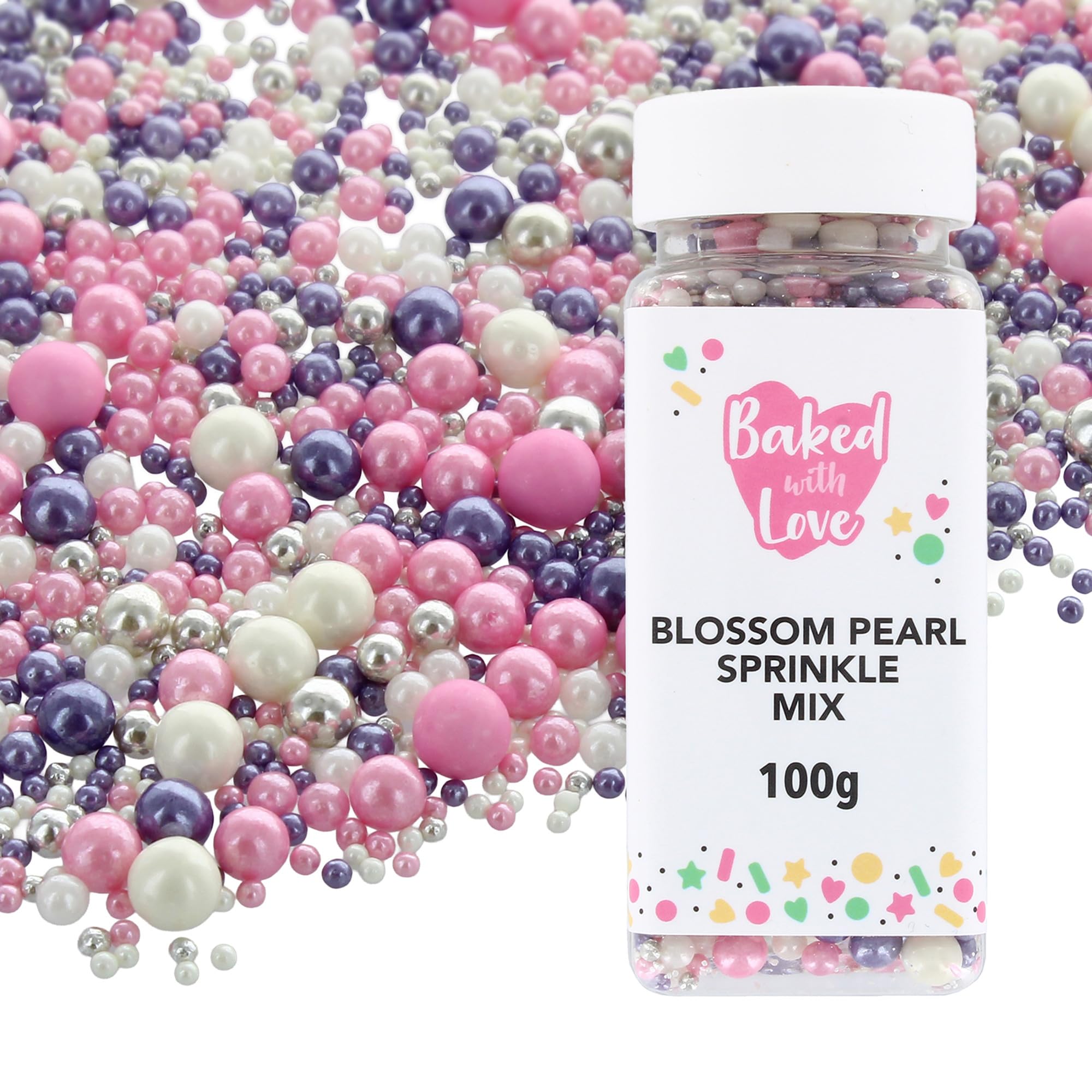 Mit Liebe gebacken – Blütenperlenstreusel, essbare Kuchendekorationen | 100 g | Rosa, Lila, Silber