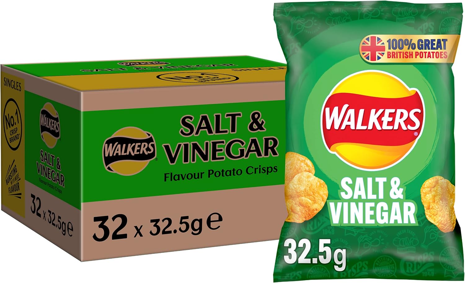 Walkers Salt & Vinegar Chips 32,5 g (Karton mit 32 Stück)