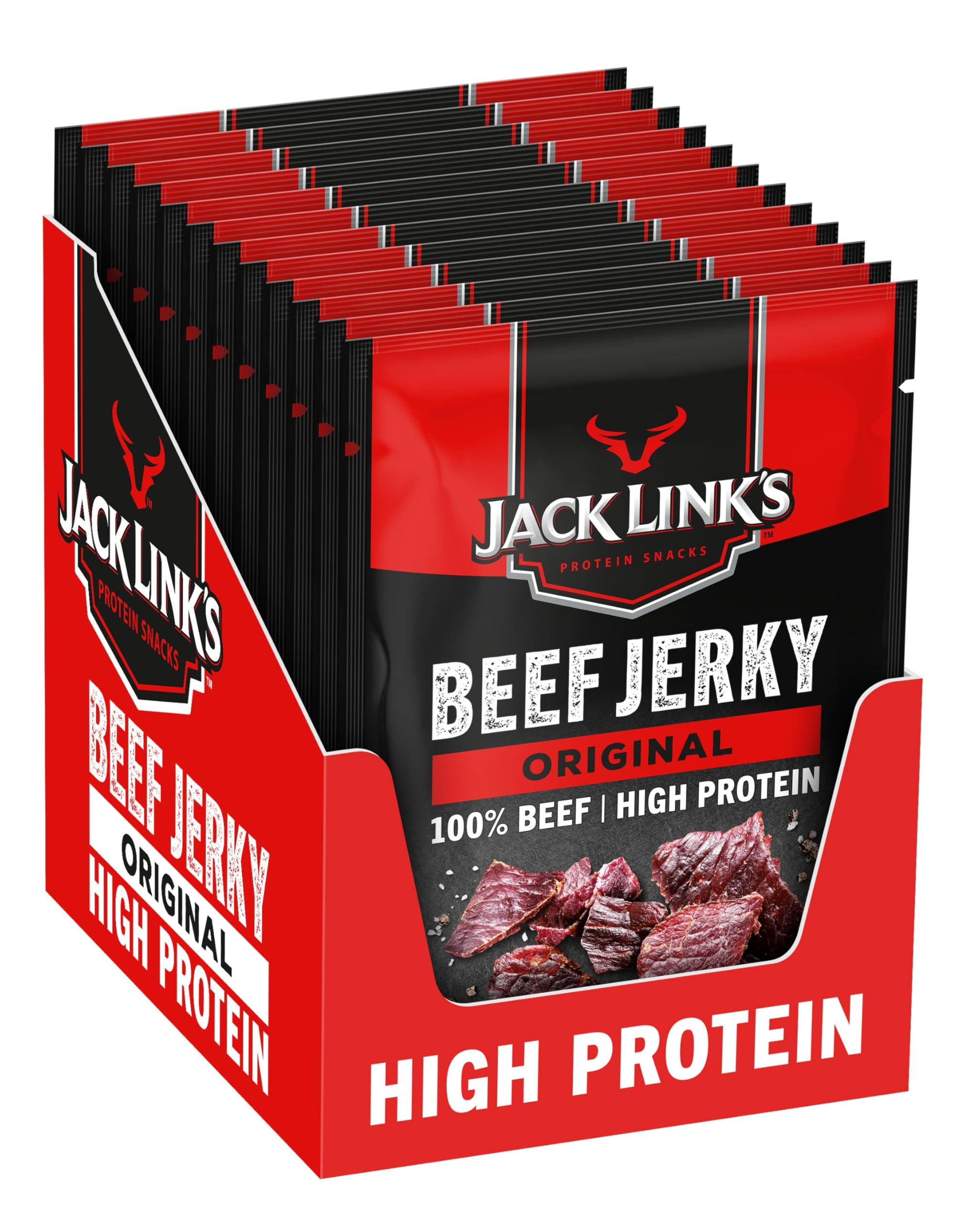 Jack Link's Beef Jerky Original – Box mit 12 x 60 g – Proteinreicher Trockenfleisch-Snack