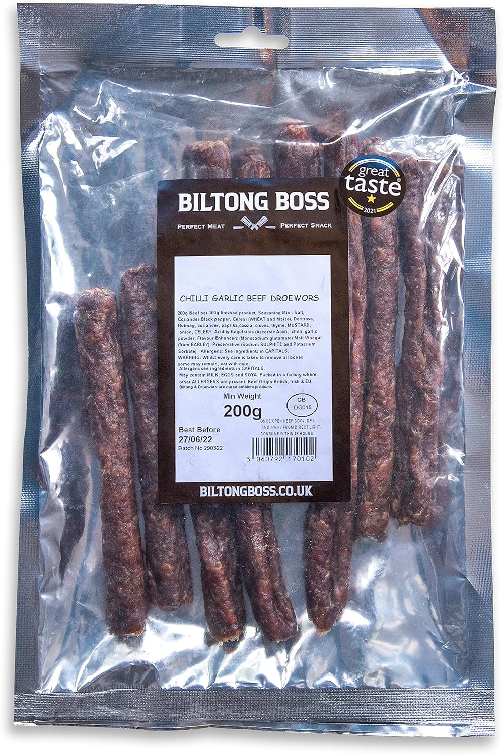 Biltong Boss Chili-Knoblauch-Droewors – Authentischer südafrikanischer Rindfleisch-Snack, verzehrfertig