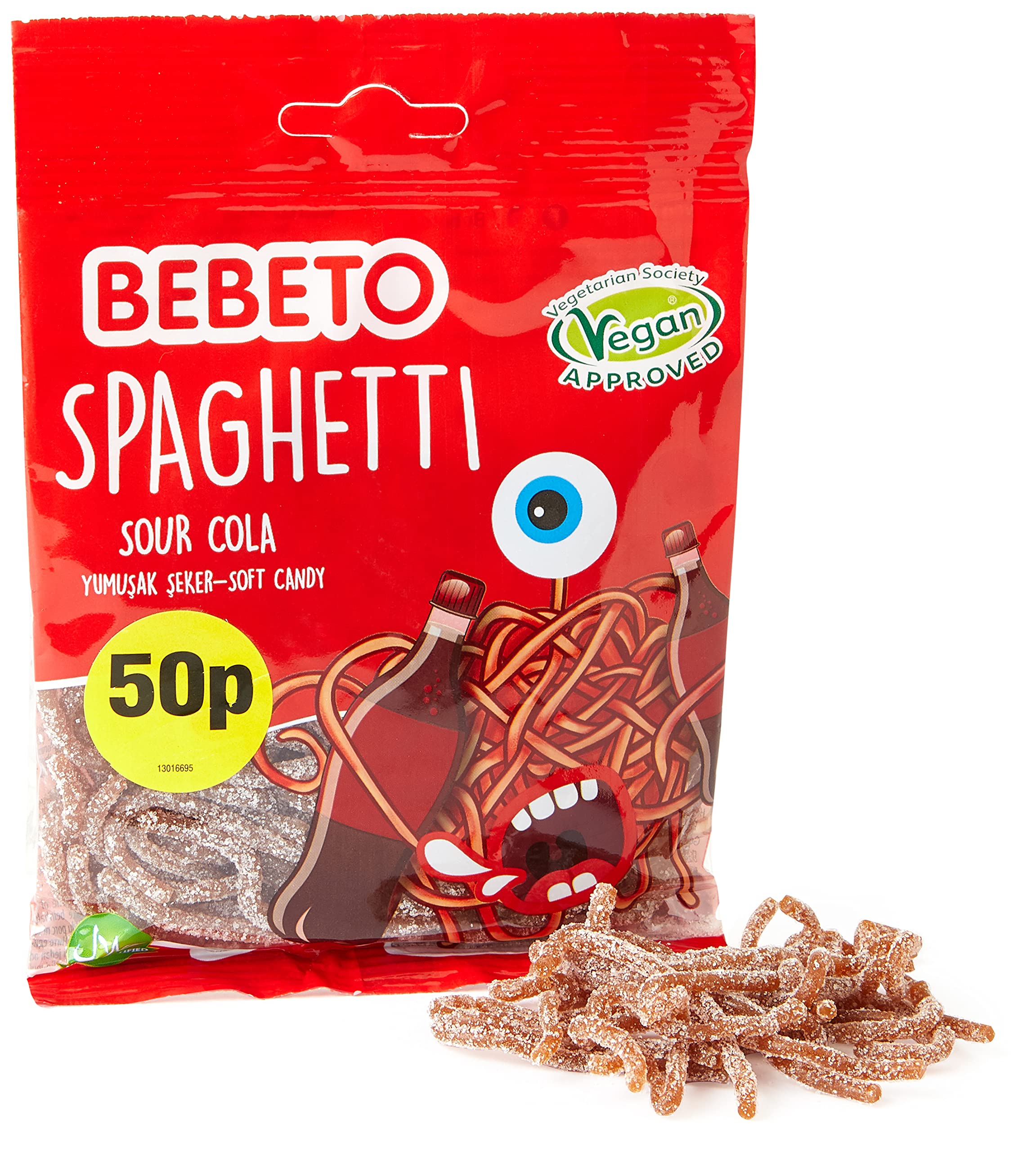 Bebeto Sour Cola Spaghetti – Vegane & Halal-zertifizierte saure Brausegummis, 70 g