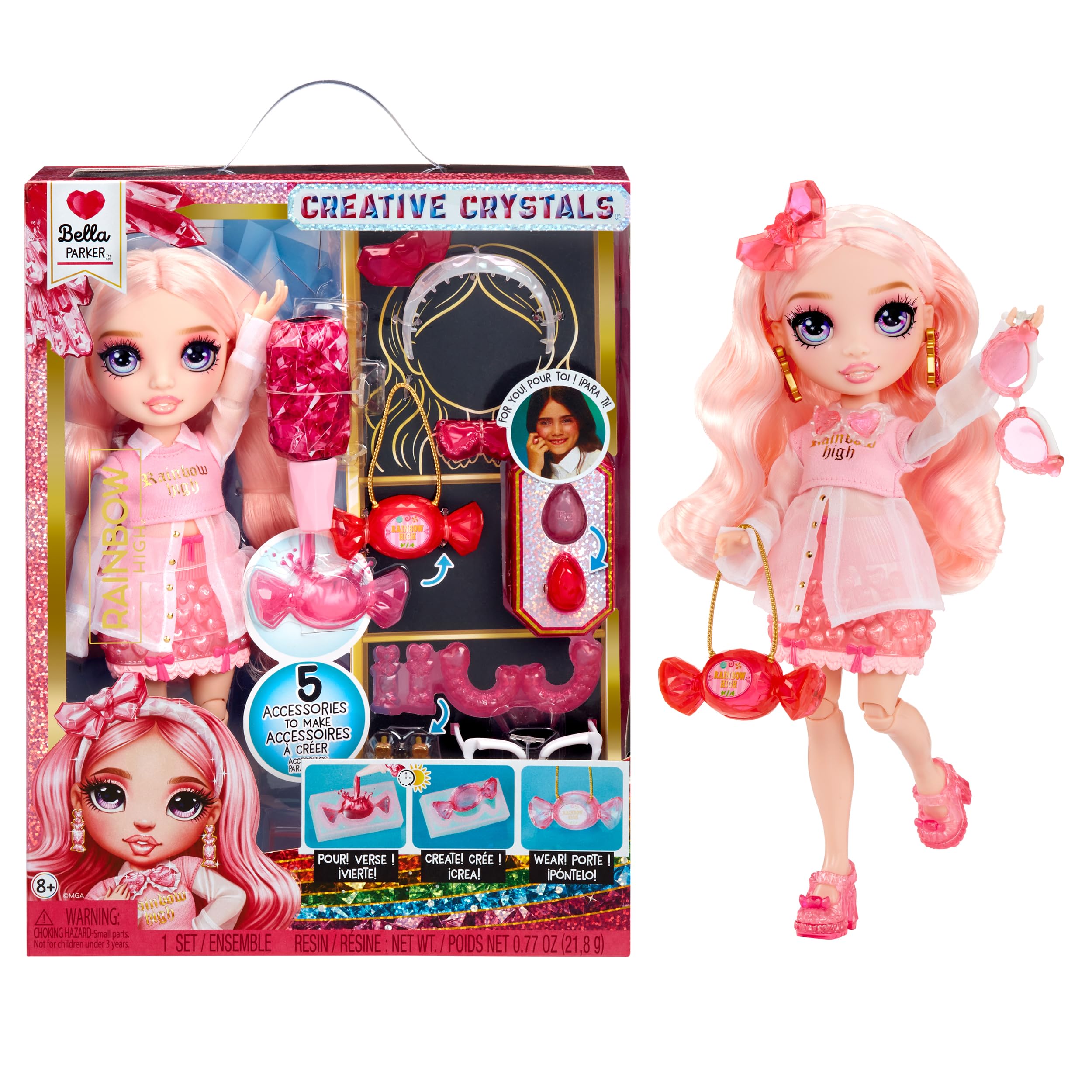 Rainbow High Creative Crystals Bella – Rosa 28 cm Modepuppe mit Kristall