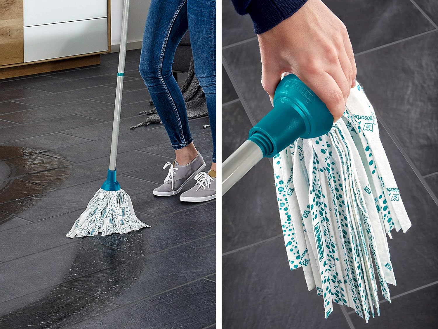 Leifheit Classic Mopp- und Eimer-Set – 12 l mit Wringer, 120 cm Stahlgriff, waschbarer Viskose-Moppkopf