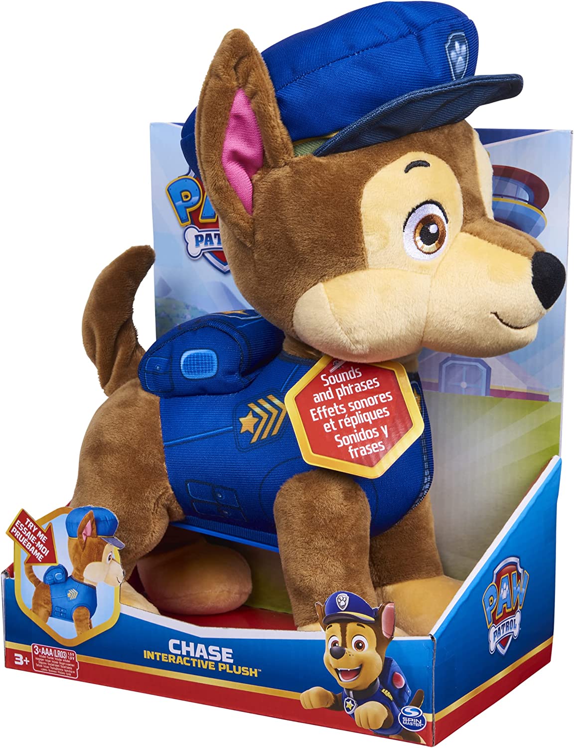 PAW Patrol Talking Chase Interaktives Plüschspielzeug – 30,5 cm mit Geräuschen, Sätzen und wedelndem Schwanz