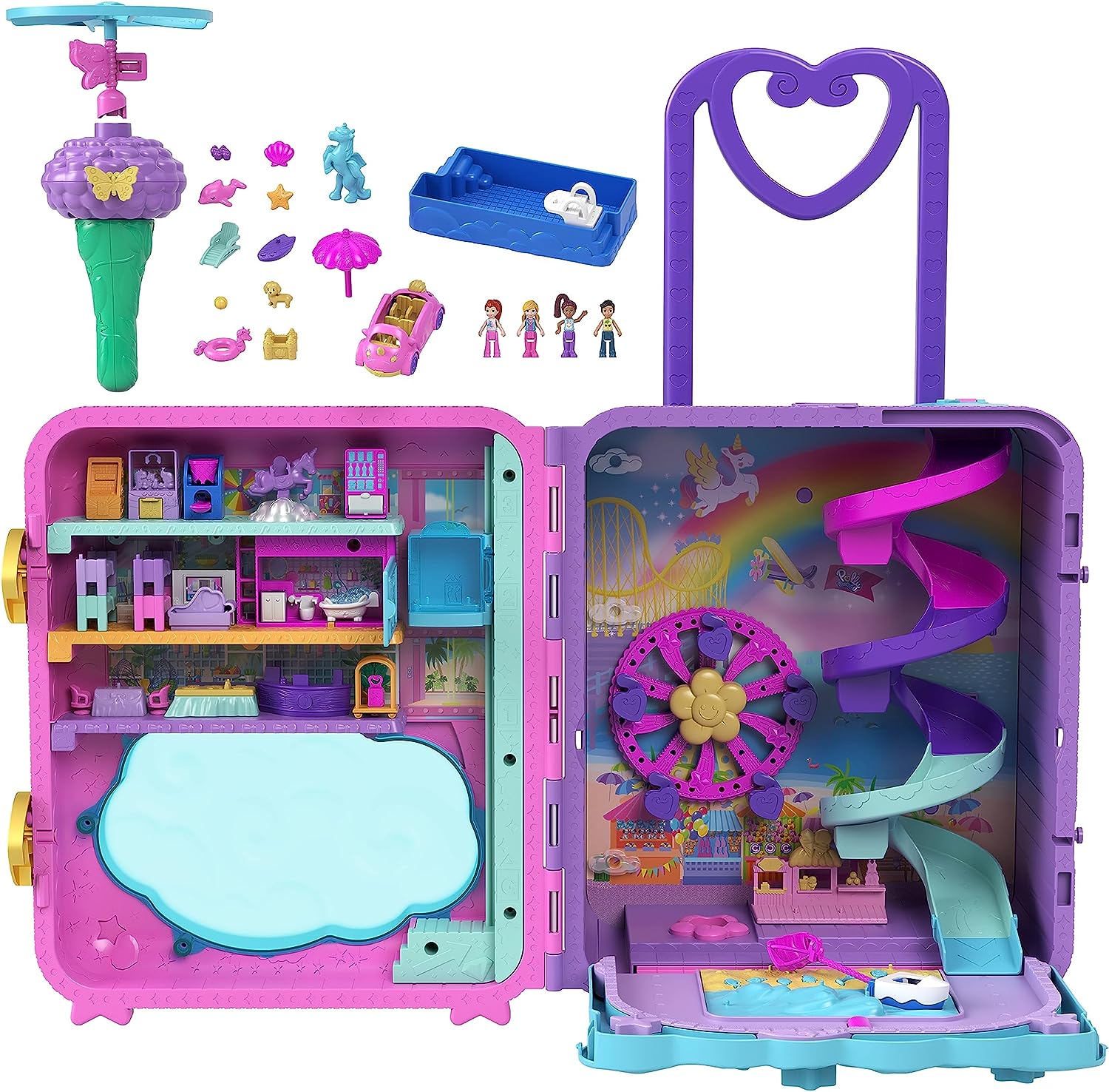 Polly Pocket Pollyville Resort Roll Away Spielset – 4 Puppen, 1 Fahrzeug, über 25 Zubehörteile, Alter 4–10