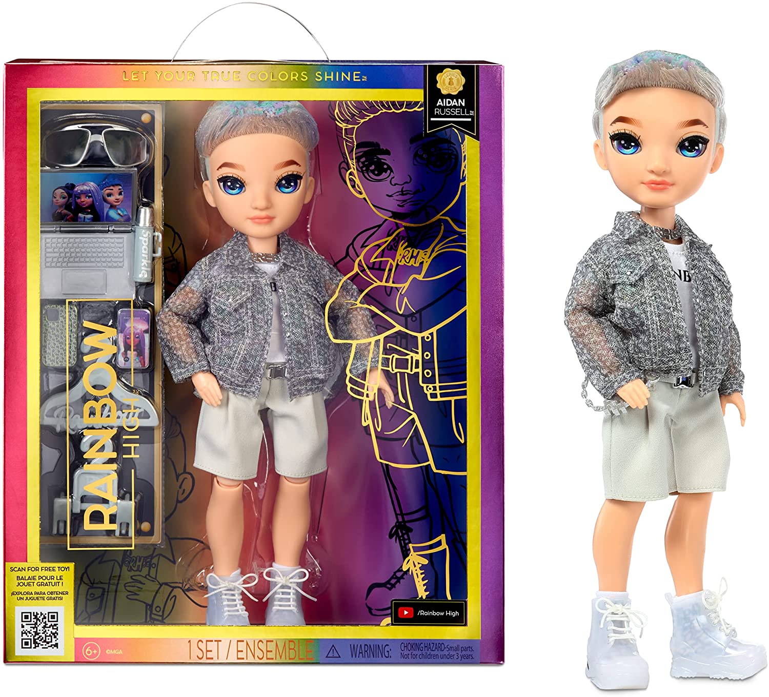 Rainbow High Fashion Doll – Aidan Russel im lila schillernden Outfit – bewegliche 6-Zoll-Puppe mit Zubehör