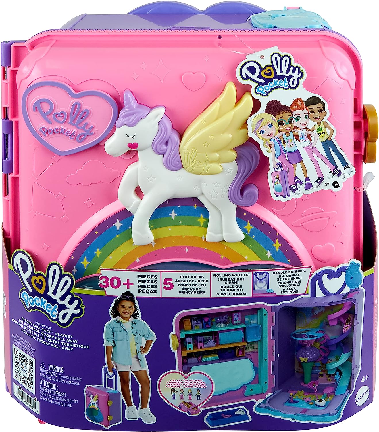 Polly Pocket Pollyville Resort Roll Away Spielset – 4 Puppen, 1 Fahrzeug, über 25 Zubehörteile, Alter 4–10
