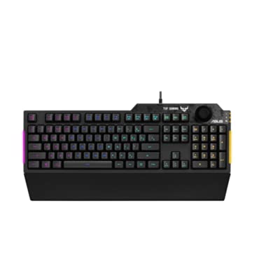 ASUS TUF Gaming K1 RGB-Gaming-Tastatur mit Lautstärkeregler, spritzwassergeschütztem Design, seitlicher Lichtleiste, UK-Layout