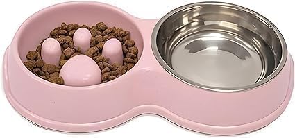Fur & Bone Double Slow Feeder Dog Bowl - Stainless Steel & Wheat Straw | Non-Slip Base | Pink 1