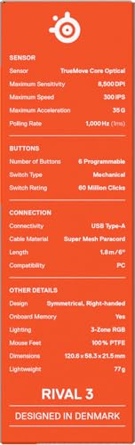 SteelSeries Rival 3 Gen 2 Gaming Mouse - 8500 DPI TrueMove Core Optical Sensor, 1.35ms Click Latency, 60M Clicks, RGB Lighting 22
