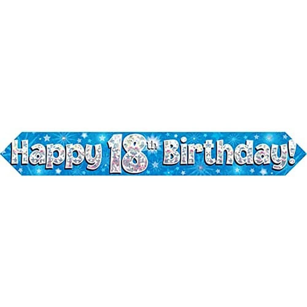 OakTree Happy 18th Birthday Banner - 9ft Length | Blue Holographic Polyester | Foldable