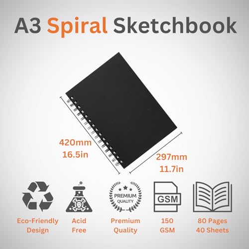 Hawksbill Skizzenbuch, A3, schwarz, Hardcover, Spiralbindung, 40 Blatt, 150 g/m², säurefreies Papier