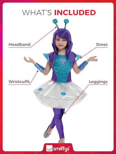 Smiffys Alien Girl Costume Set [Silver Dress, Leggings, Wrist Cuffs & Headband] - Kids Fancy Dress