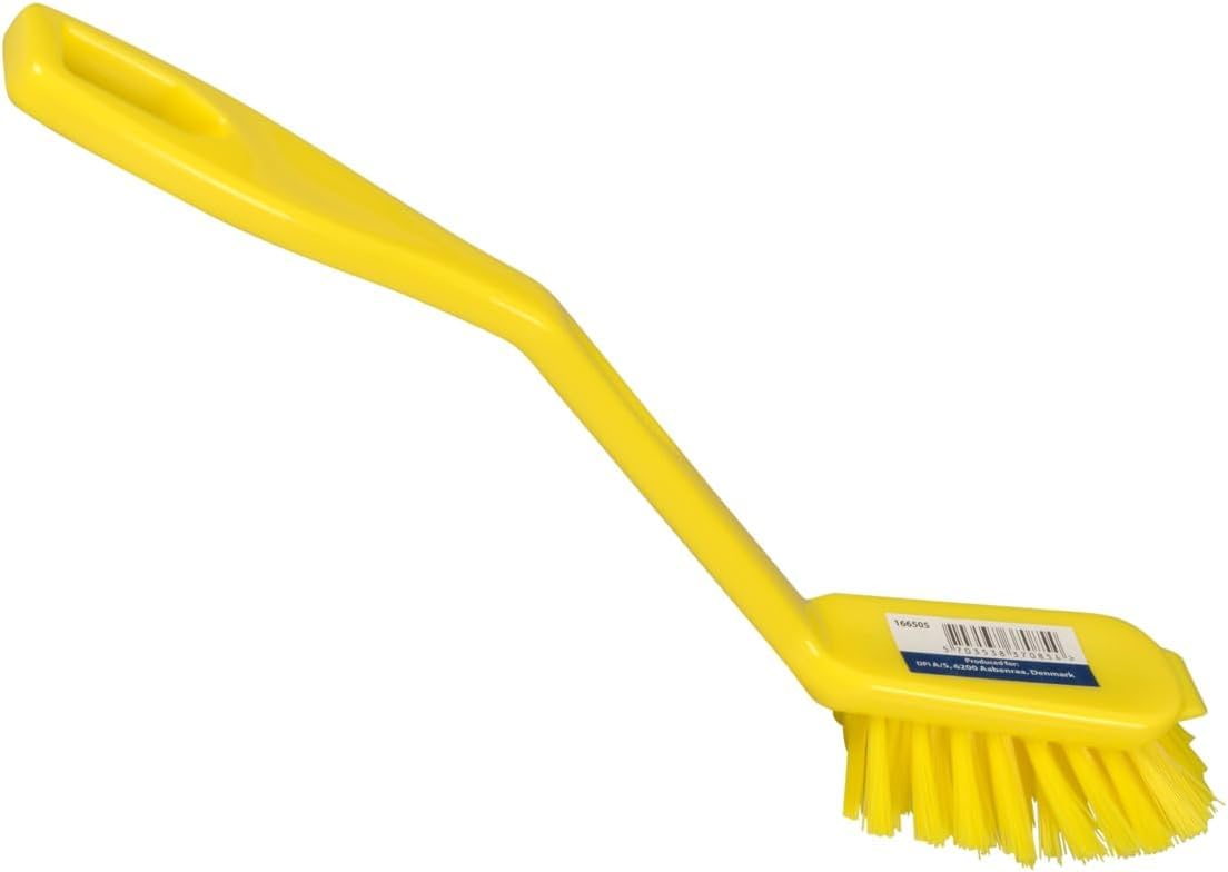 ABENA Yellow Dishwashing Brush - 27cm Long Handle | Stiff Nylon Bristle | Built-In Scraper