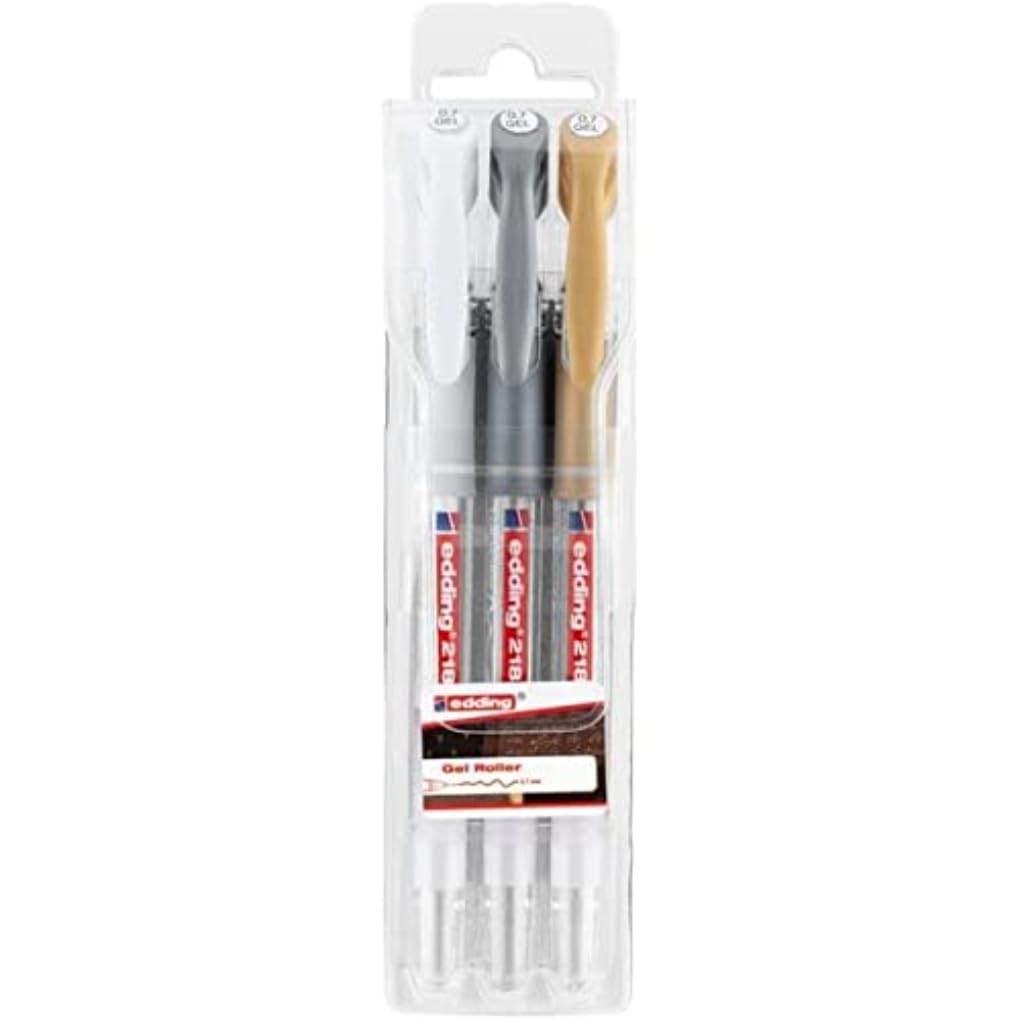 edding Gel Rollerball Pens - Metallic Set (White, Gold, Silver) | 0.7mm Fine Tip | 3 Pack