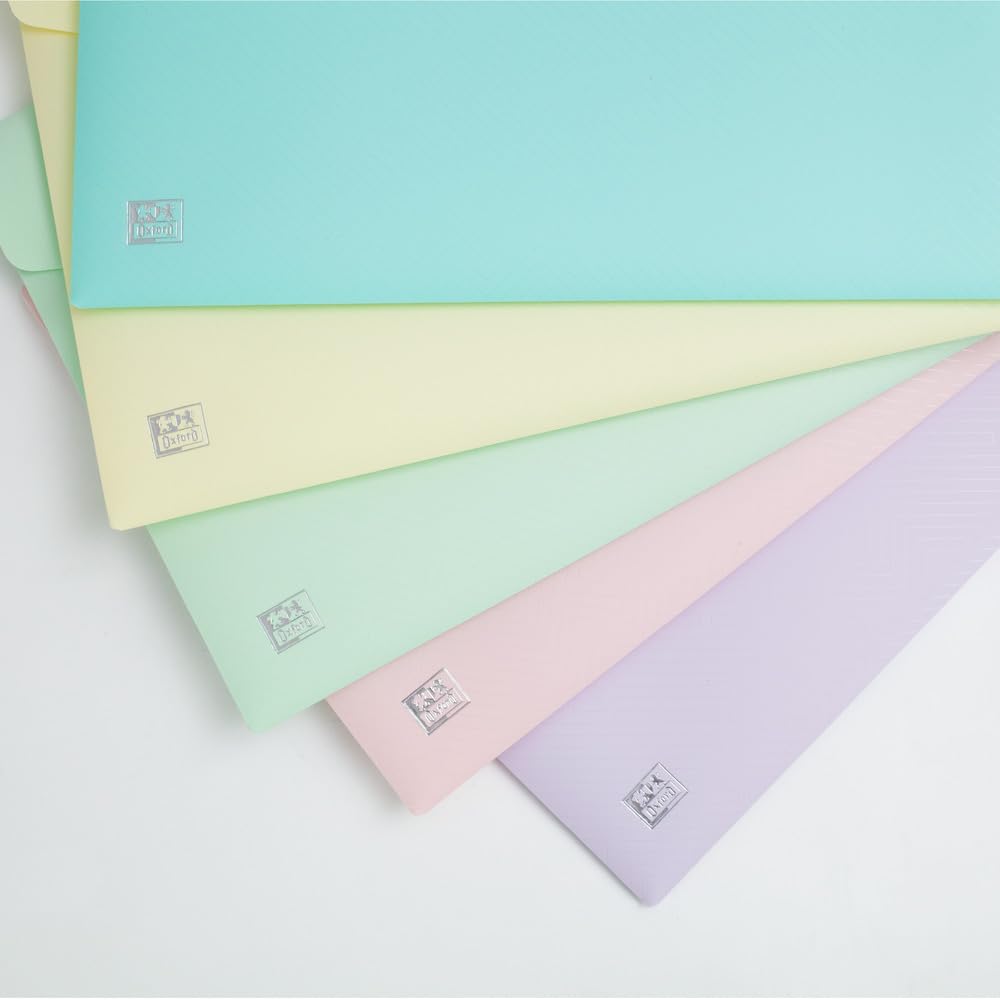Oxford A4 Plastic Document Popper Wallets - Assorted Pastel Colours | Pack of 5 2