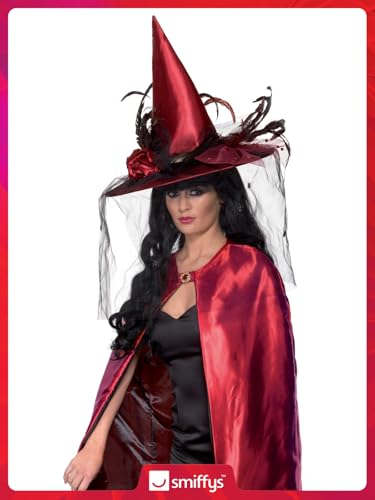 Smiffys Witch Deluxe Hat with Net & Feathers, Deep Red (36720)