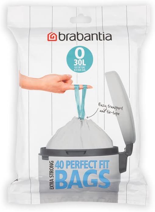 Brabantia PerfectFit Müllbeutel, Größe O/30 Liter – dicke Müllbeutel aus Kunststoff mit Kordelzuggriffen (40er-Pack)