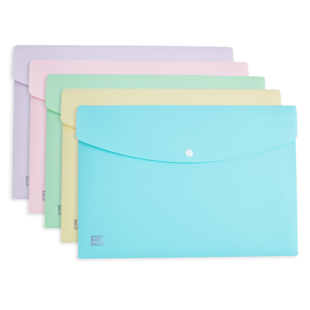 Oxford A4 Plastic Document Popper Wallets - Assorted Pastel Colours | Pack of 5 1