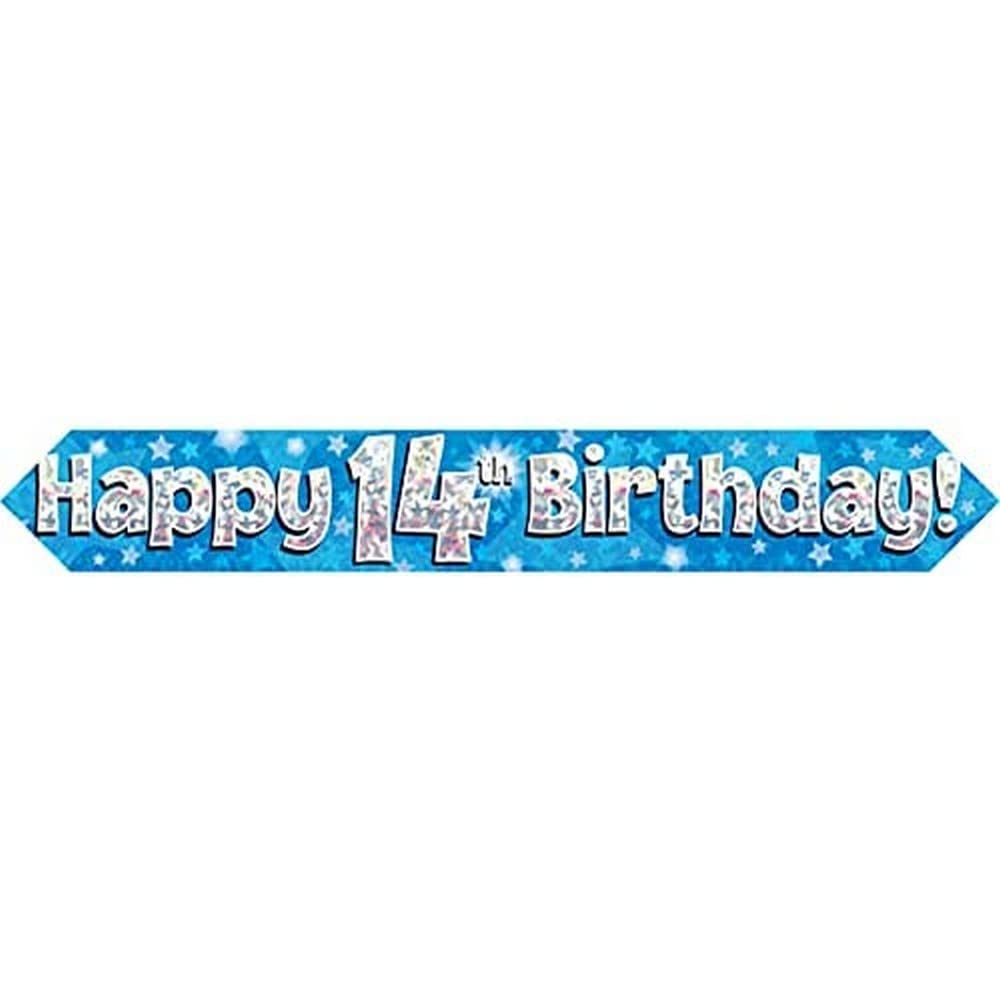 OakTree Happy 14th Birthday Banner | 9 ft Length | Blue Holographic | Foldable