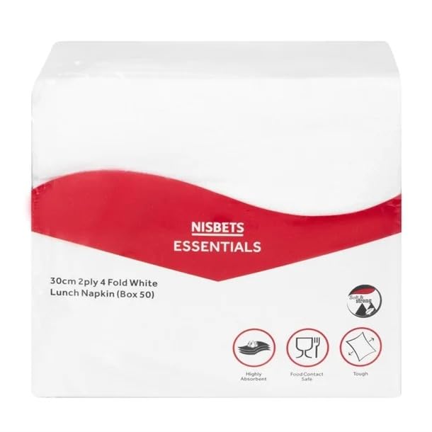 NISBETS Essentials 2-Ply Lunch Napkins - White, 30cm, 50 Count Box