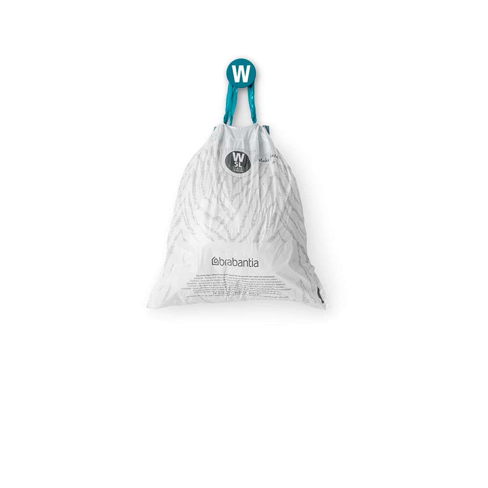 Brabantia PerfectFit Bin Liners - 5L Capacity, Tear-Resistant Plastic, Tie Tape Drawstring, 40 Bags, White 5