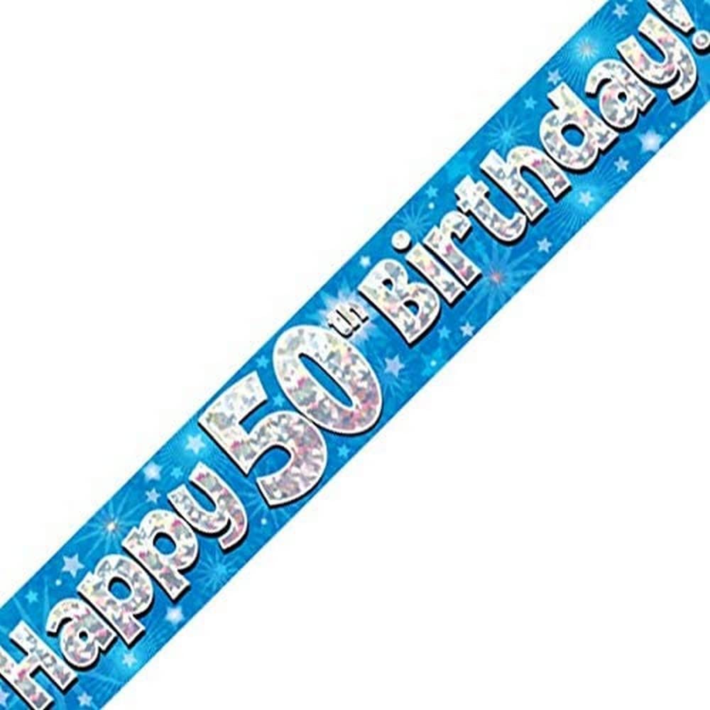 OakTree Happy 50th Birthday Banner - Blue Holographic, 2.7m Length | Foldable | Women's Party Decor