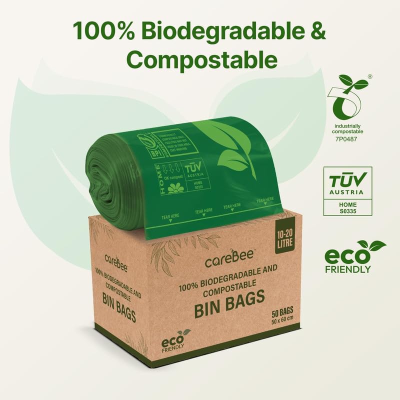 CareBee Biodegradable Kitchen Bin Bags - 50 Bags, 50L Capacity | Compostable & Leak-Proof 3
