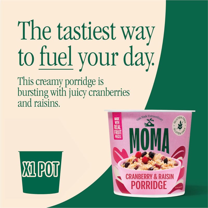 MOMA Instant Porridge-Becher Cranberry & Rosinen – 70 g – Glutenfrei, ballaststoffreich, Proteinquelle, reich an Vitamin B6