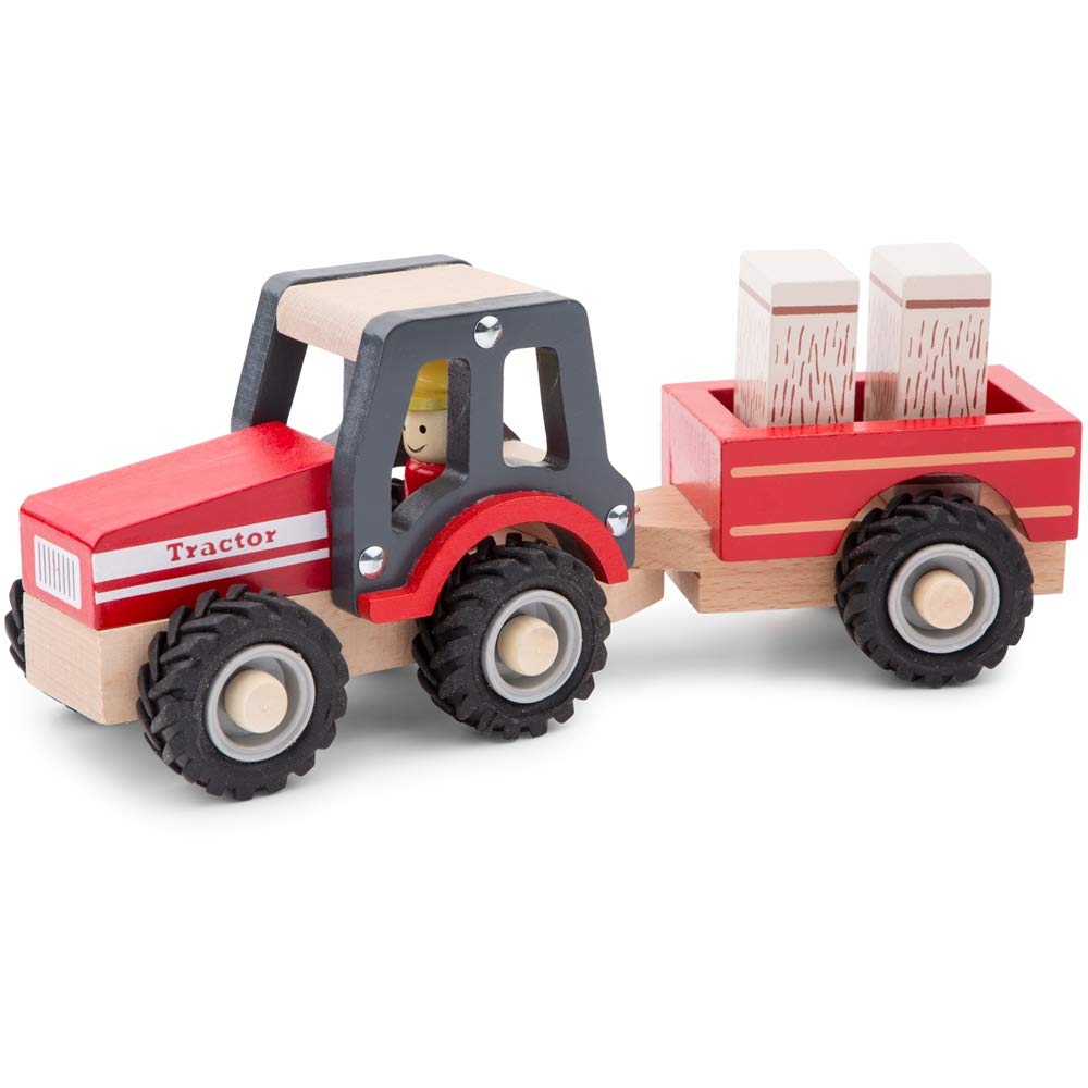 New Classic Toys Wooden Tractor with Trailer and Hay Stacks - Educational Farm Vehicle for Toddlers 18 Months+ 10