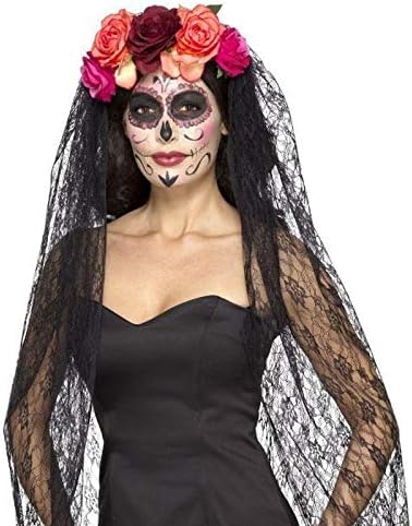 Smiffys Day of the Dead Deluxe Headband, Red & Black with Roses & Veil