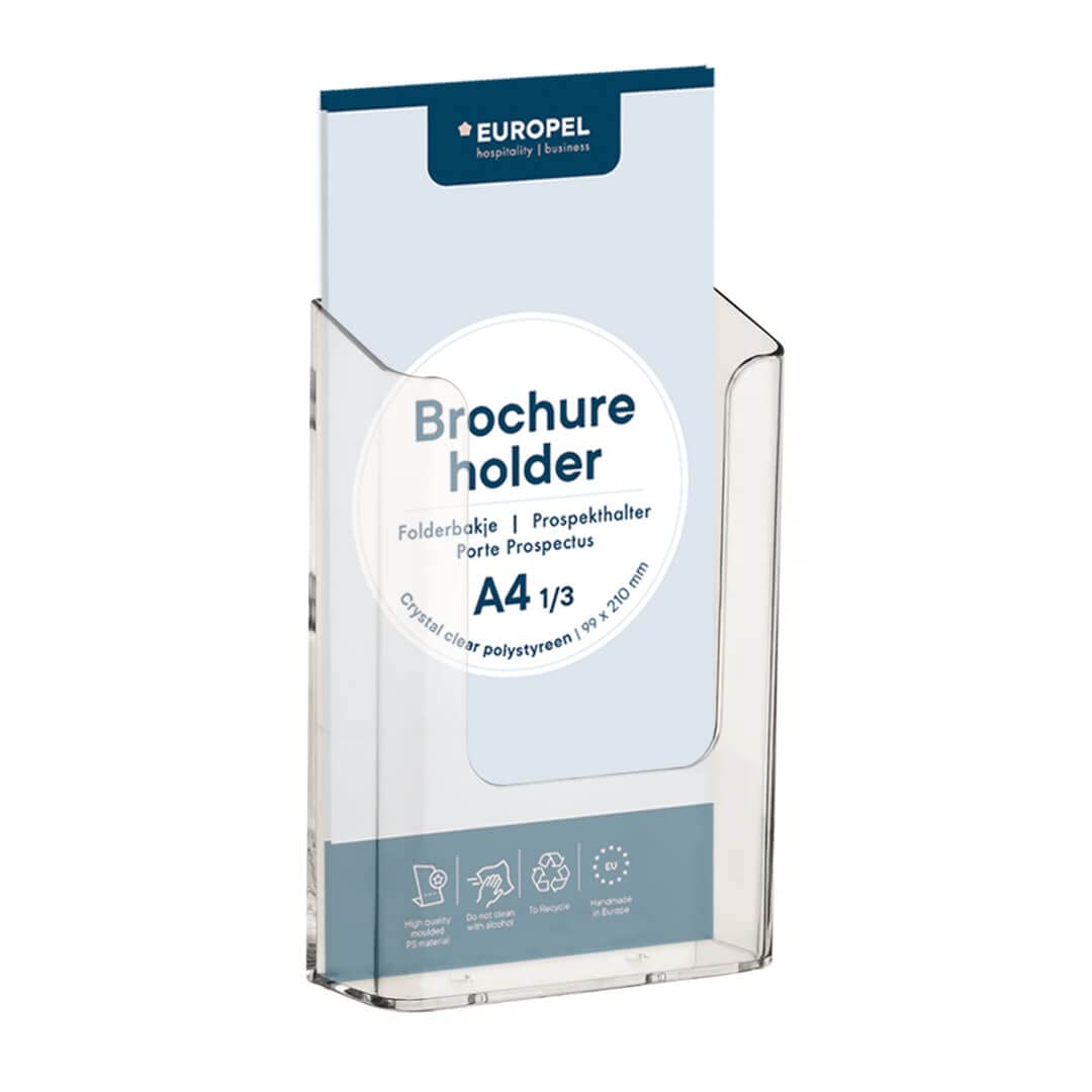 Europel Wall Mounted Brochure Holder - Clear Acrylic | For 1/3 A4 Size | Styrene 2