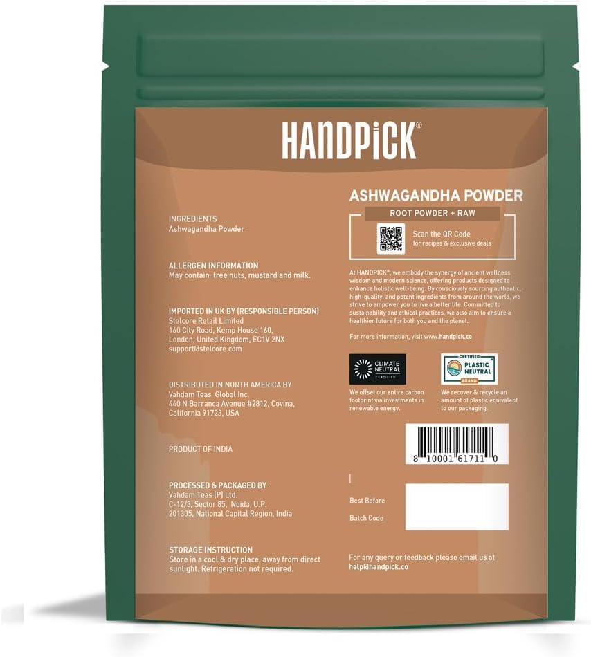 HANDPICK Ashwagandha Root Powder - Withania Somnifera - 100% Natural Non-GMO Vegan Herb from India (200g)
